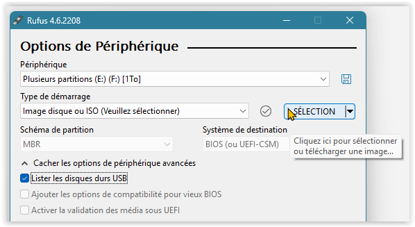 Rufus - Choix de la clé USB